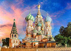 Sunny autumn morning at St. Basil`s Cathedral on Red Square, Moscow, Russia