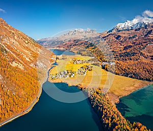 Sunny autumn view from flying drone of Sils lake.