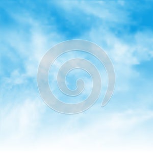 Sunny background, blue sky with white clouds and sun. Square realistic vector banner with blue sky. Banner text space