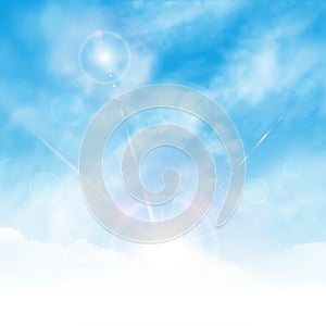 Sunny background, blue sky with white clouds and sun. Square realistic vector banner with blue sky