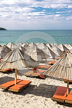 Sunny beach and blue sea on Mediterranean coast