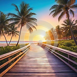 Sunny beach boardwalk whit palm retro hand drawn illustration