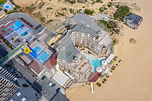 Sunny beach, Bulgaria, May 29, 2020: Aerial view of a hotel at Sunny beach - a popular holiday resort in Bulgaria