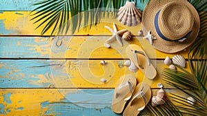 Sunny Beach Day: Yellow Wooden Plank with Beach Accessories - Hat, Towel, Flip Flops, Seashells, and Palm Leaves