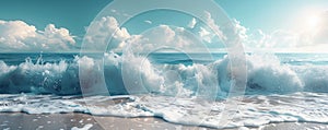 Sunny beach with frothy waves crashing photo