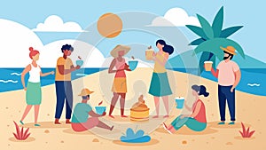 On a sunny beach a group of people gather around a sandcastle adorned with shells and flowers. Each person offers a