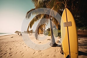 Sunny beach with palm trees and surfboard. Generative ai