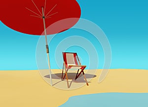 Sunny beach with red/white striped beach chair and red beach umbrella 3d render landscape horizontal graphic