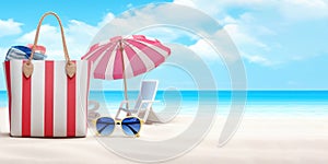 Sunny Beach Retreat: beach accessories, parasol and beach chair - Generative AI