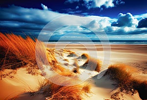 Sunny beach with sand dunes, dry grass and blue sky on the sunset. Generative AI