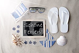 Sunny Blackboard On Sand, Schoene Ferien Means Happy Holidays