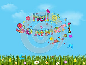 Sunny blue cloudy sky background with lettering Hello Summer.