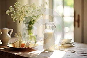 Sunny breakfast table with a bottle of milk, fresh bread, and a delicate vase with wildflowers on a linen cloth