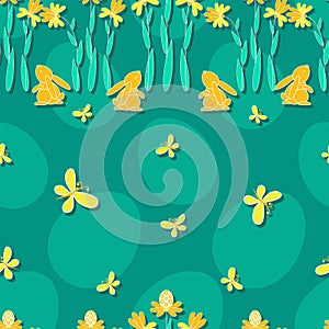 Sunny Bunny. Easter background. Spring, bunny rabbit and butterfly, flower. Springtime nature.