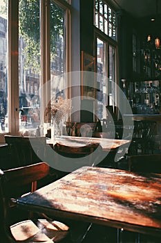 Sunny Cafe Interior with Rustic Wooden Tables
