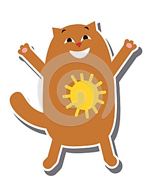 Sunny cat isolated sticker. Cute happy cat cartoon emotion with sun. Flat character graphic illustration