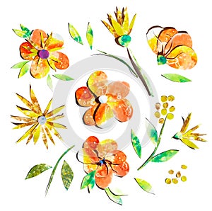Sunny cheerful happy yellow orange summer flower hand painted watercolor paper-cut design collection set. Perfect for textile,