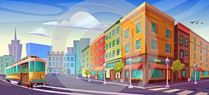 Sunny city street cartoon vector shop building