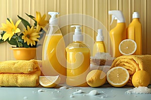 Sunny Clean: Bright Yellow Household Essentials. Concept Home Organization, Cleaning Supplies,