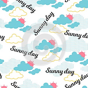 Sunny Clear Skies Puffy Blue Clouds Vector Seamless Pattern