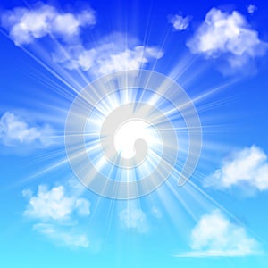 Sunny with clouds. Blue sky with white cloud and sun ray fluffy fog clouding isolated realistic vector banner