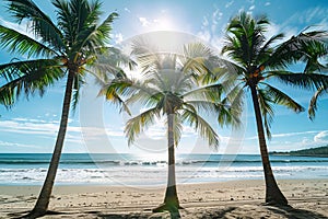 Sunny coast in Bali. Palm trees, sea, sand.