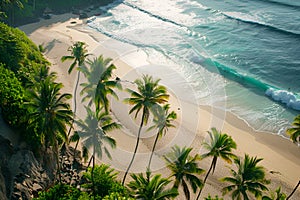Sunny coast in Bali. Palm trees, sea, sand. Bird\'s eye view
