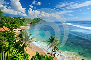 Sunny coast in Bali. Palm trees, sea, sand. Bird\'s eye view