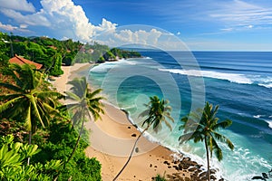 Sunny coast in Bali. Palm trees, sea, sand. Bird\'s eye view