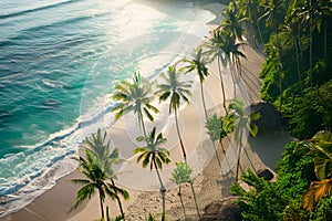 Sunny coast in Bali. Palm trees, sea, sand. Bird\'s eye view