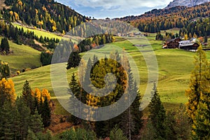 Sunny colorful autumn alpine Dolomites mountain scene, Sudtirol, Italy. Peaceful view from alpine path road