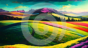 Sunny Countryside landscape of meadow garden of flowers in spring season painting AI Generated