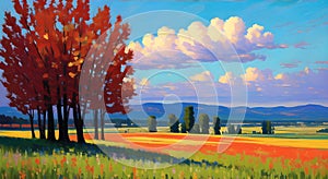 Sunny Countryside landscape of meadow garden of flowers in spring season painting AI Generated