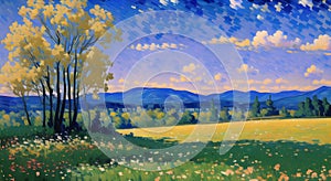 Sunny Countryside landscape of meadow garden of flowers in spring season painting AI Generated