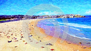 Sunny Day at Bondi Beach, Impressionist Oil Painting Style, Sydney, Australia