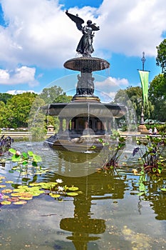 Sunny day in Central Park at Bethesda fountain. Free time leisure and travel concept. New York City. United States