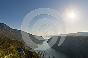 Sunny day at the cliffs over Danube river at Djerdap gorge and national park photo