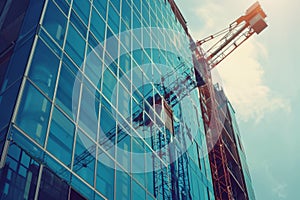 Sunny day construction site with modern office building and crane constructing a mirrored facade