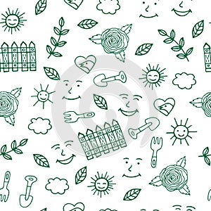 Sunny day for gardening seamless pattern with trovel and other e
