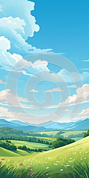 Sunny Day Hill Illustration With Atmospheric Clouds And Pastel Colors