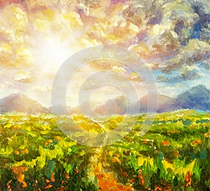 Sunny day in mountains oil painting. Positive art Sun rays dawn sunset on green field in mountains