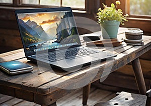 Sunny day new modern laptop on shabby wooden side table, bokeh background, digital photo in grunge style, highly detailed