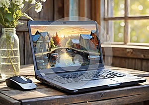 Sunny day new modern laptop on shabby wooden side table, bokeh background, digital photo in grunge style, highly detailed