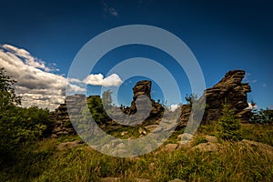 Sunny day on Obri skaly under peak Serak in Jeseniky with green grass pine tree and dark blue cloudy sky