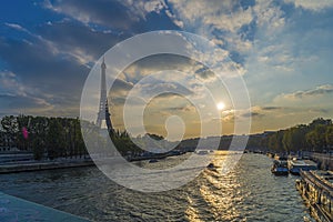 Sunny Day in Paris Eiffel Tower Seine River and Boats Cruises Trees and Clouds