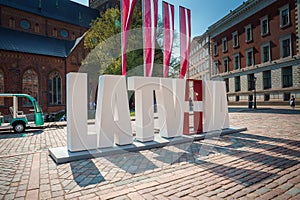 Sunny day in Riga, Latvia with LATVIA letters in front, flag colors.