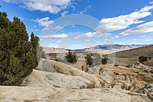 Sunny day among rock fields trees and desert looking out from Moonrocks Nevada