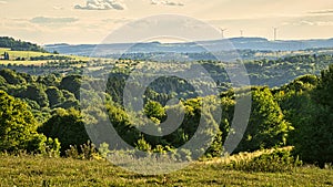 A sunny day in the Saarland with a view over meadows into the valley