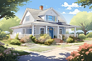 a sunny day shoot of a farmhouse with shrubbery and a white gabled front entry, magazine style illustration