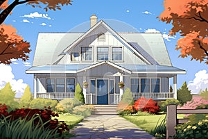 a sunny day shoot of a farmhouse with shrubbery and a white gabled front entry, magazine style illustration